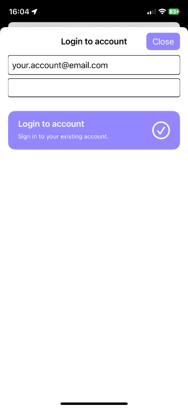 Screenshot of the Press Play and Go app account login panel.