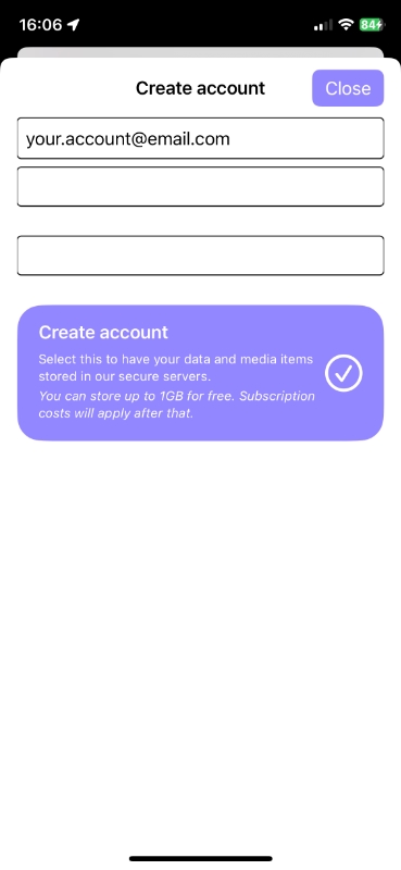 Screenshot of the Press Play and Go app create account panel.