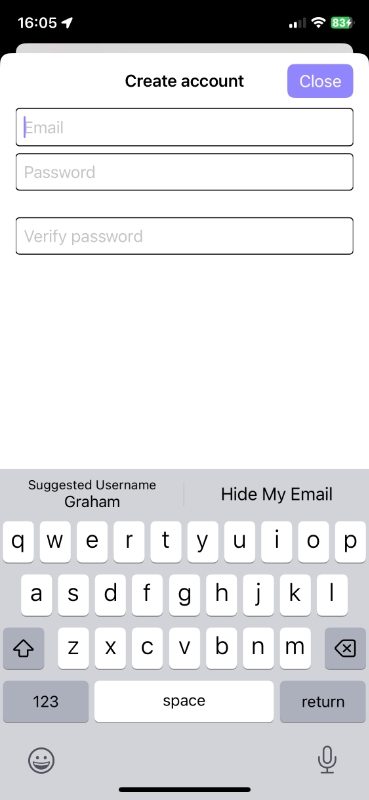 Screenshot of the Press Play and Go app create account panel showing the Hide My Email option.