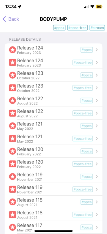 Screenshot of the BODYPUMP listing in the Press Play and Go app showing a list of releases numbered from 124 to 117 in reverse order.  There are two for each as they are present for both the PPCA and PPCA-free versions.