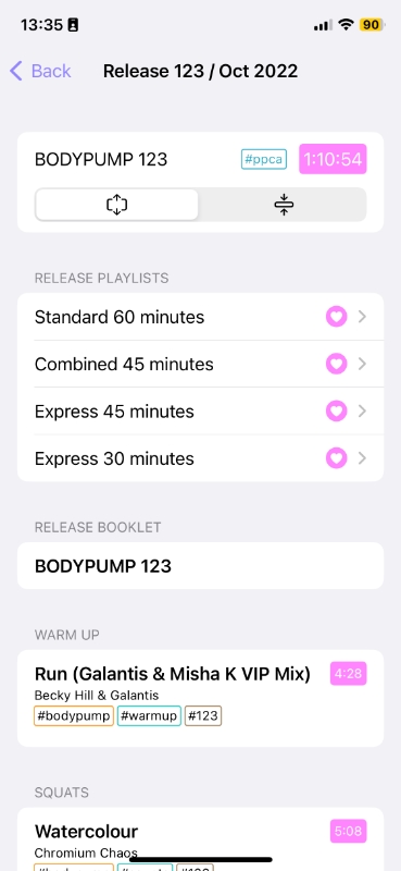 Screenshot of the Press Play and Go app BODYPUMP release 123 screen showing sections for the overall running time, the available release playlists, and the choreography and music tracks that are available.
