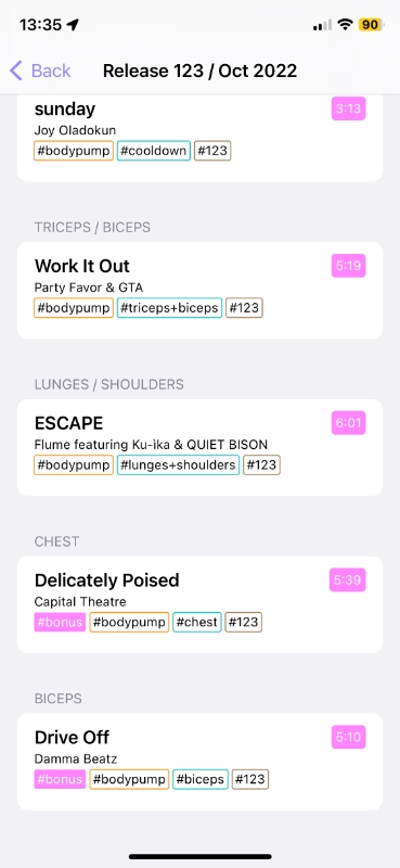 Screenshot of the Press Play and Go app BODYPUMP release 123 screen showing the music tracks at the bottom of the screen including the bonus ones.