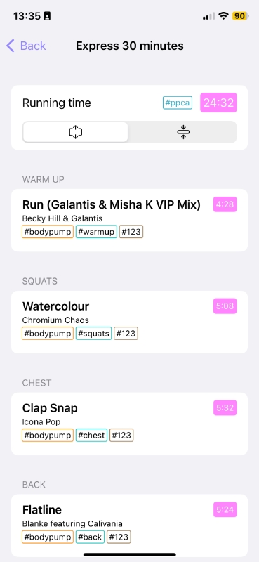 Screenshot of the Press Play and Go app BODYPUMP release 123 screen for the Express 30 minutes class format showing the music tracks make it up.