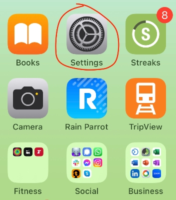 Screenshot of nine icons from an iPhone home screen with the Settings app highlighted in a red circle.