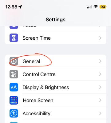 Screenshot of a panel in the iPhone Settings app with the General menu item highlighted in a red circle.