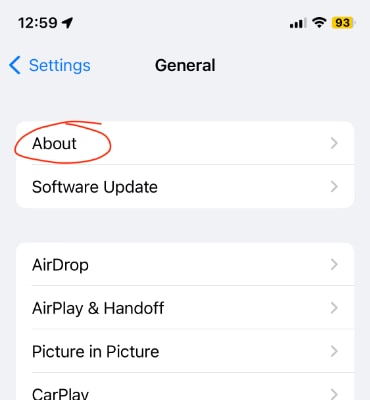 Screenshot of a panel in the iPhone Settings app with the About menu item highlighted in a red circle.