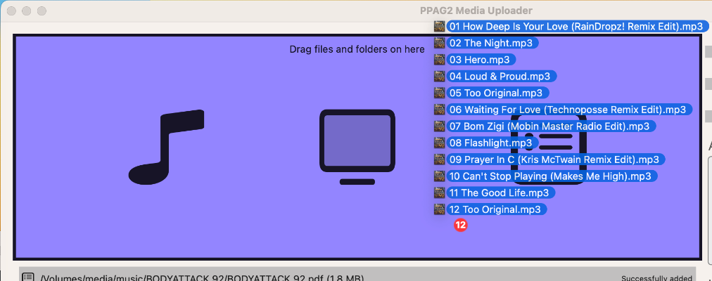 A screenshot section of the PPAG2 Media Uploader app showing a collection of music files being dragged on to the area that denotes they are to be uploaded to the user's account.