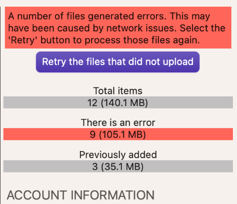 A screenshot section of the PPAG2 Media Uploader app showing the error message when files are unable to upload correctly.  It shows a button allowing the user to retry uploading those files.