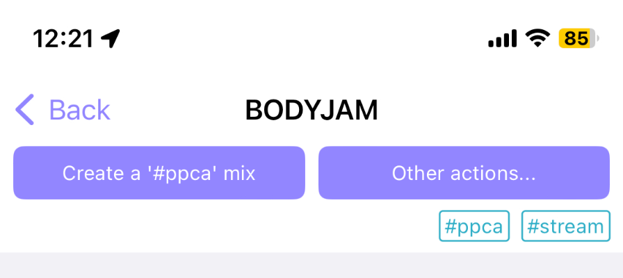 The top of the BODYJAM programme listing showing the action buttons that are available and also the tags indicating that PPCA and streaming options are to be shown.