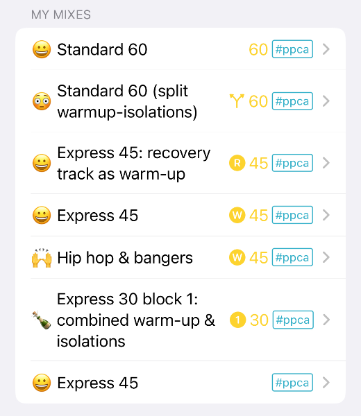 The section of the BODYJAM programme showing the mixes created by the user.  Each is on a separate line showing the title and associated emoji plus the icons indicating the format of the playlist and the music licence.